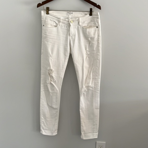 FRAME DENIM Le Garcon rip blanc Mid-Rise Distressed White Boyfriend Jeans‎